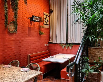 interior of a restaurant with red walls and plants